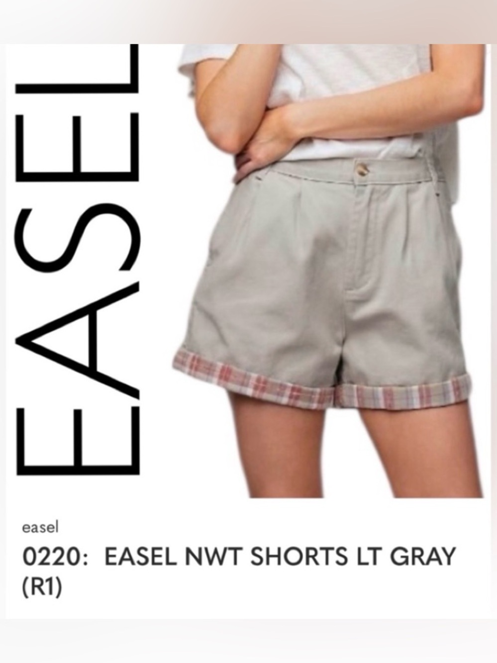 Easel NWT Khaki Pleated Roll-Cuff Shorts with Plaid Trim size Large